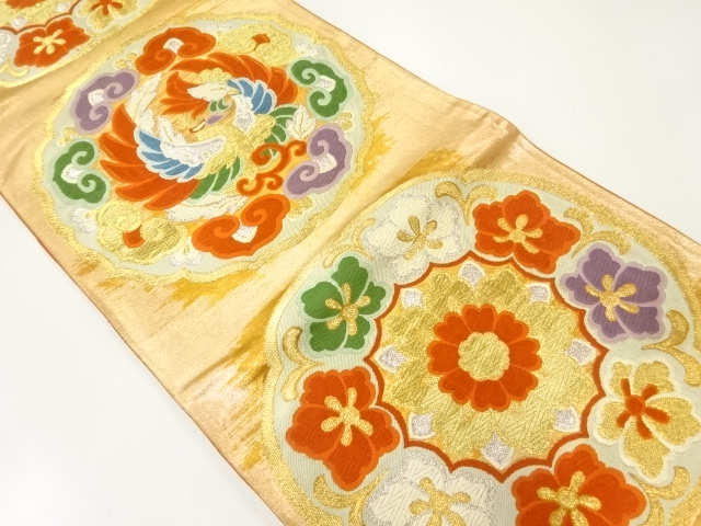 JAPANESE KIMONO / ANTIQUE FUKURO OBI / SILK / WOVEN PHOENIX & FLORAL CREST